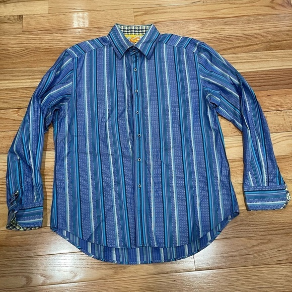 ROBERT GRAHAM Cotton Long-Sleeved Flip Cuff Dress Shirt Blue Southwest Stripe XL - Picture 1 of 9